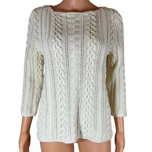 Lauren Ralph Lauren Cream Cable Knit Boat Neck Sweater 3/4 Sleeve Womens Small